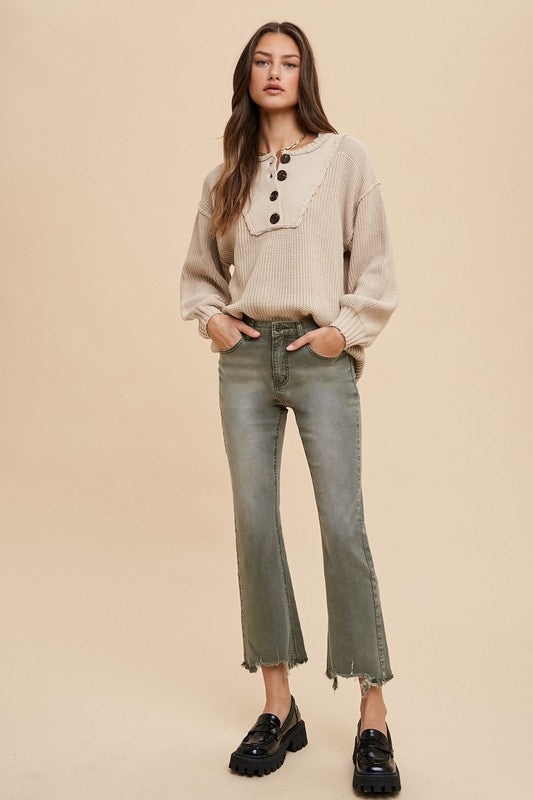 Annie Wear Half Button Ribbed Hem Sweater Sweaters