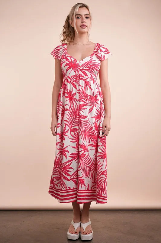VERY J Tropical Printed Midi Summer Boho Dress in white with pink leaf patterns