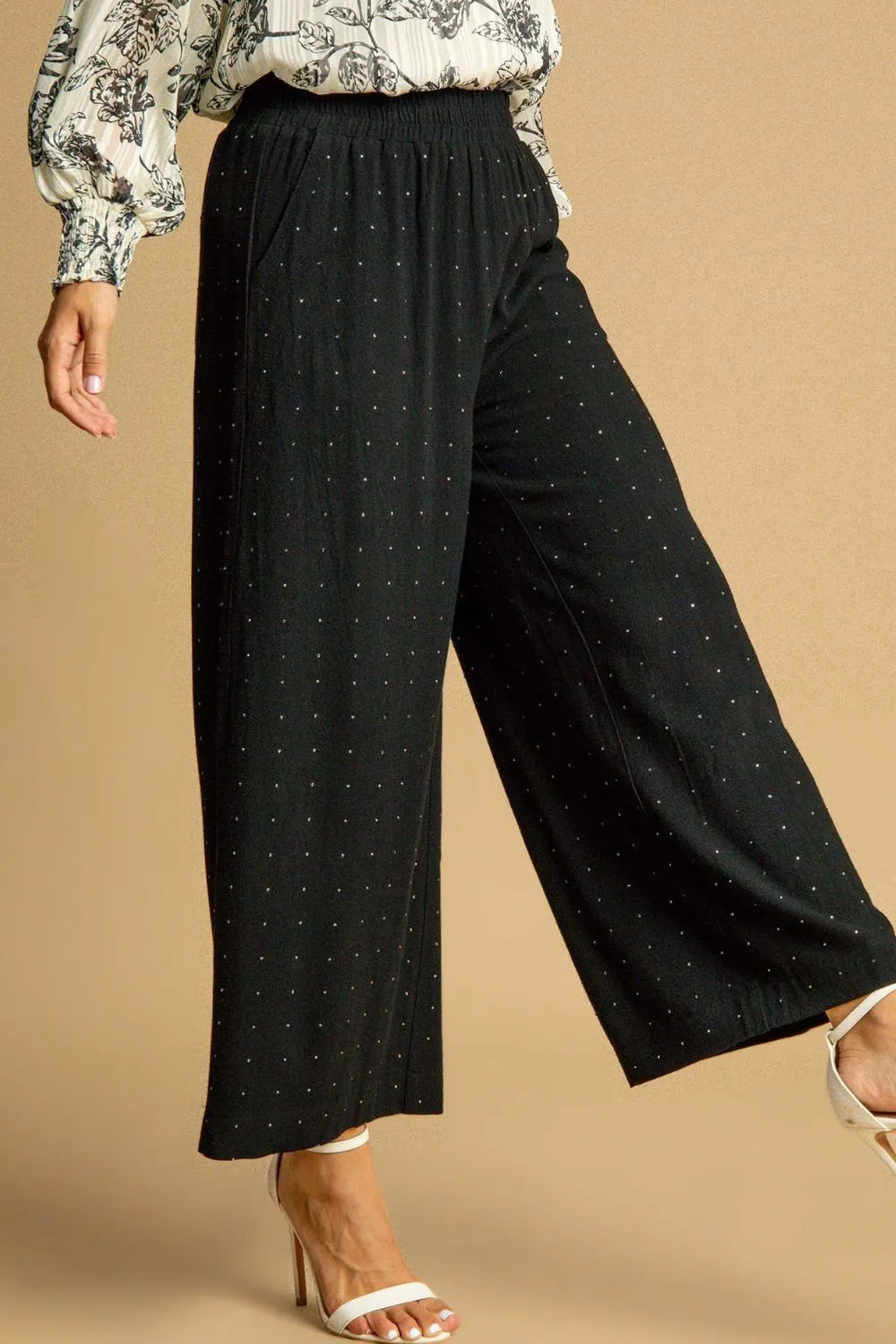 Black Umgee high-waisted linen pants with white dots