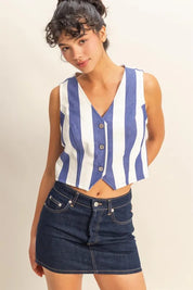 INDIGO CREAM HYFVE Woven Striped V-Neck Button Down Vest | Daverri Fashions
