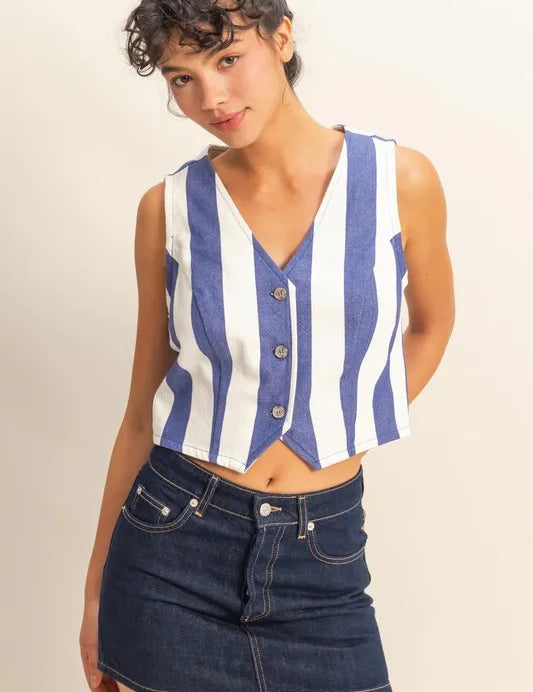 INDIGO CREAM HYFVE Woven Striped V-Neck Button Down Vest | Daverri Fashions