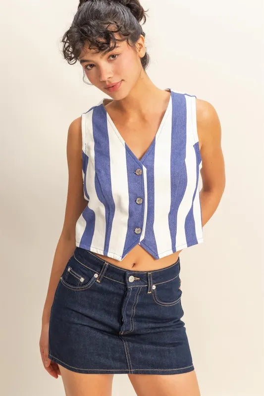 INDIGO CREAM HYFVE Woven Striped V-Neck Button Down Vest | Daverri Fashions