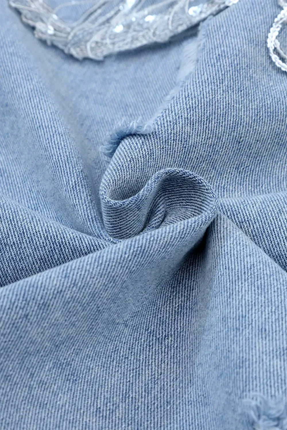 Sequin Fringe Trim Distressed Button Up Denim Jacket - DAVERRI FASHIONS