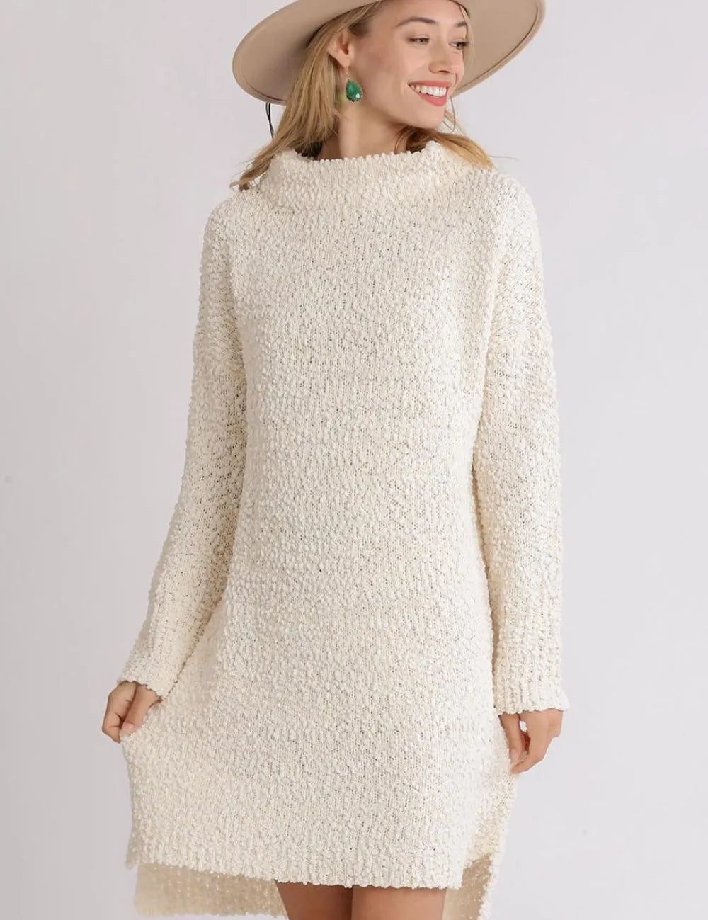 Cream Umgee Full Size High Low Long Sleeve Boucle Sweater Dress Plus Size | Daverri Fashions