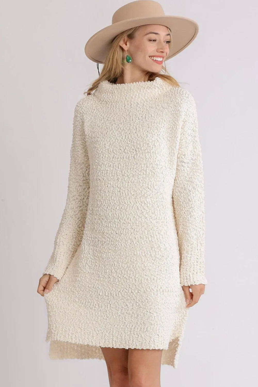 Cream Umgee Full Size High Low Long Sleeve Boucle Sweater Dress Plus Size | Daverri Fashions