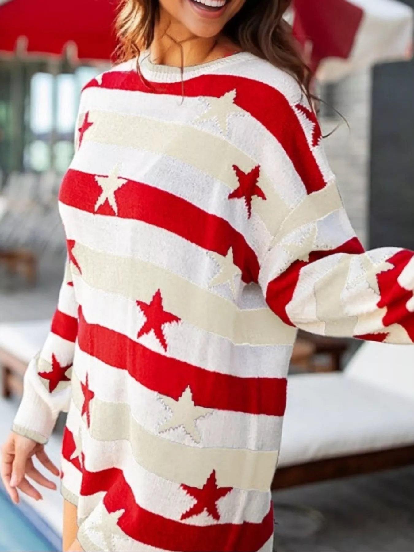 Daverri Stars and Stripes long sleeve sweater in red cream stripes with stars