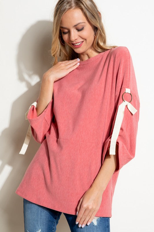 Brushed Terry Roll Up 3/4 Sleeve Top Tops