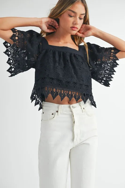MABLE Square Neck Crochet Lace Top With Double Bow Tie Tops