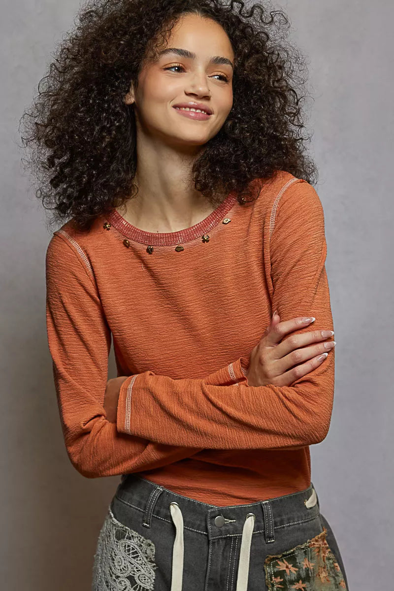 POL Round Neck Long Sleeve Contrast Stitching T-Shirt with Stud Detail | Daverri Fashions