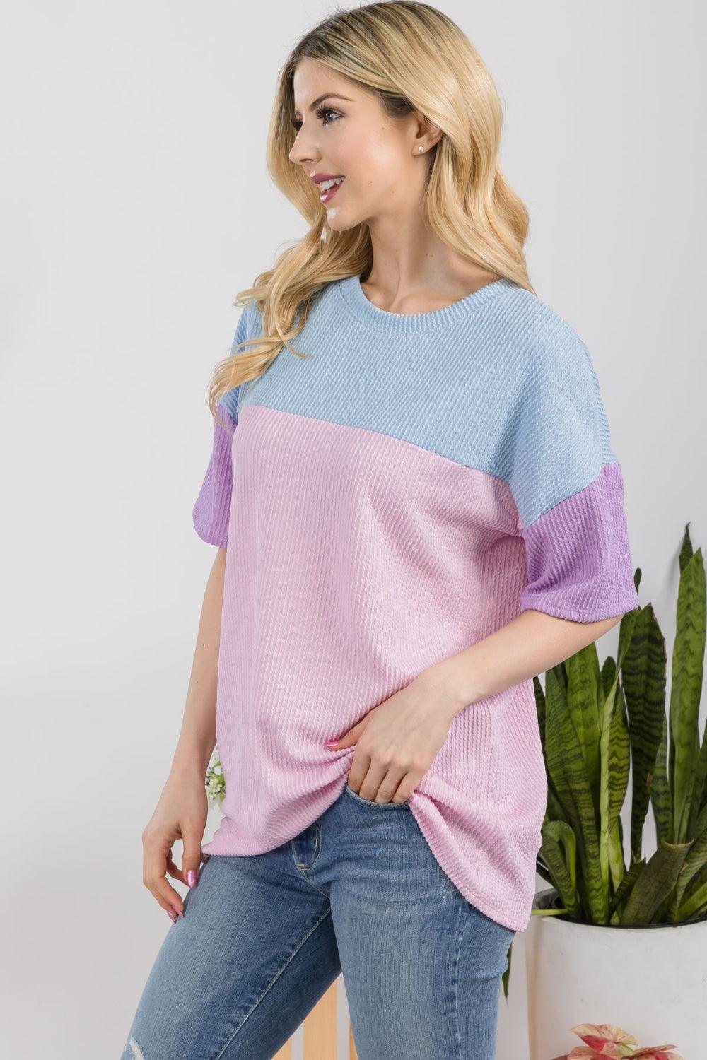 Celeste Full Size Ribbed Color Block T-Shirt Shirts & Tops