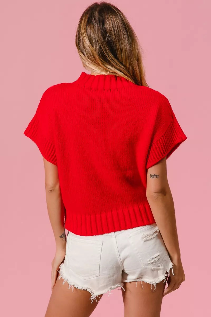 Red BiBi Rib Banded Heart Pattern Valentines Cropped Sweater