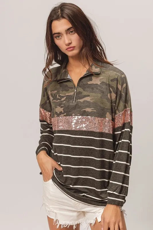 BiBi Camouflage French Terry Knit Top