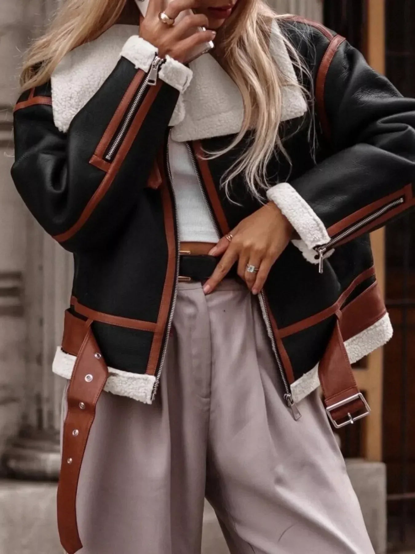 Shearling Lined Zip Up Jacket - DAVERRI FASHIONS