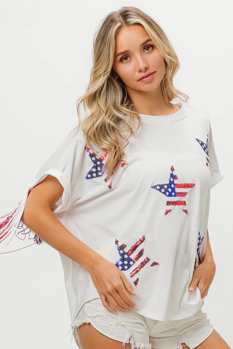 BiBi American Flag Sequin Star Fringe Top | Tops Daverri Fashions