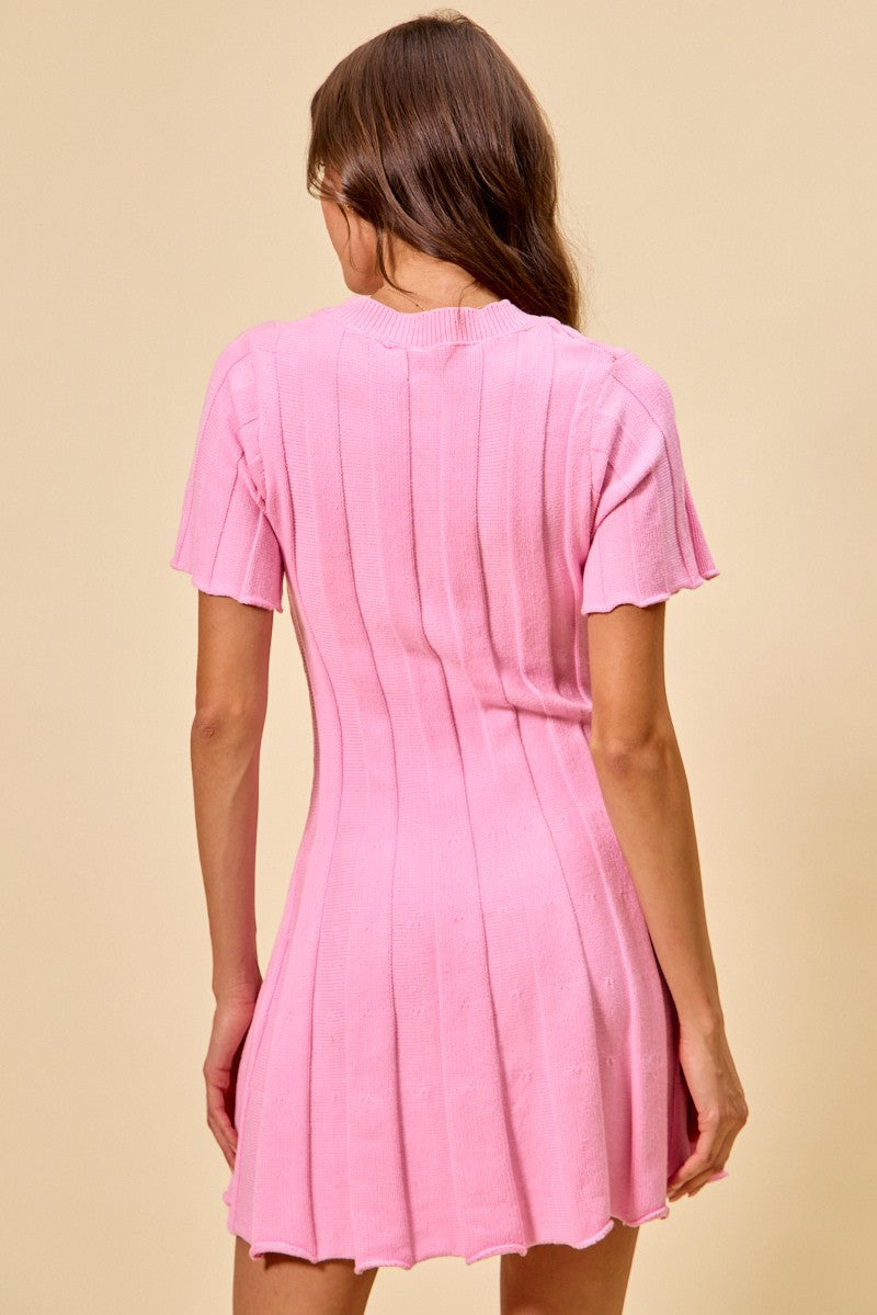 SO ME wide rib short sleeve pleated knit mini dress in soft pink