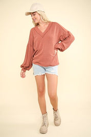 VERY J Two Tone Ribbed V-Neck Exposed Seam Top Tops