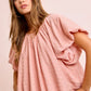BiBi Stripes soft pink textured cotton blouse with ruffled sleeves