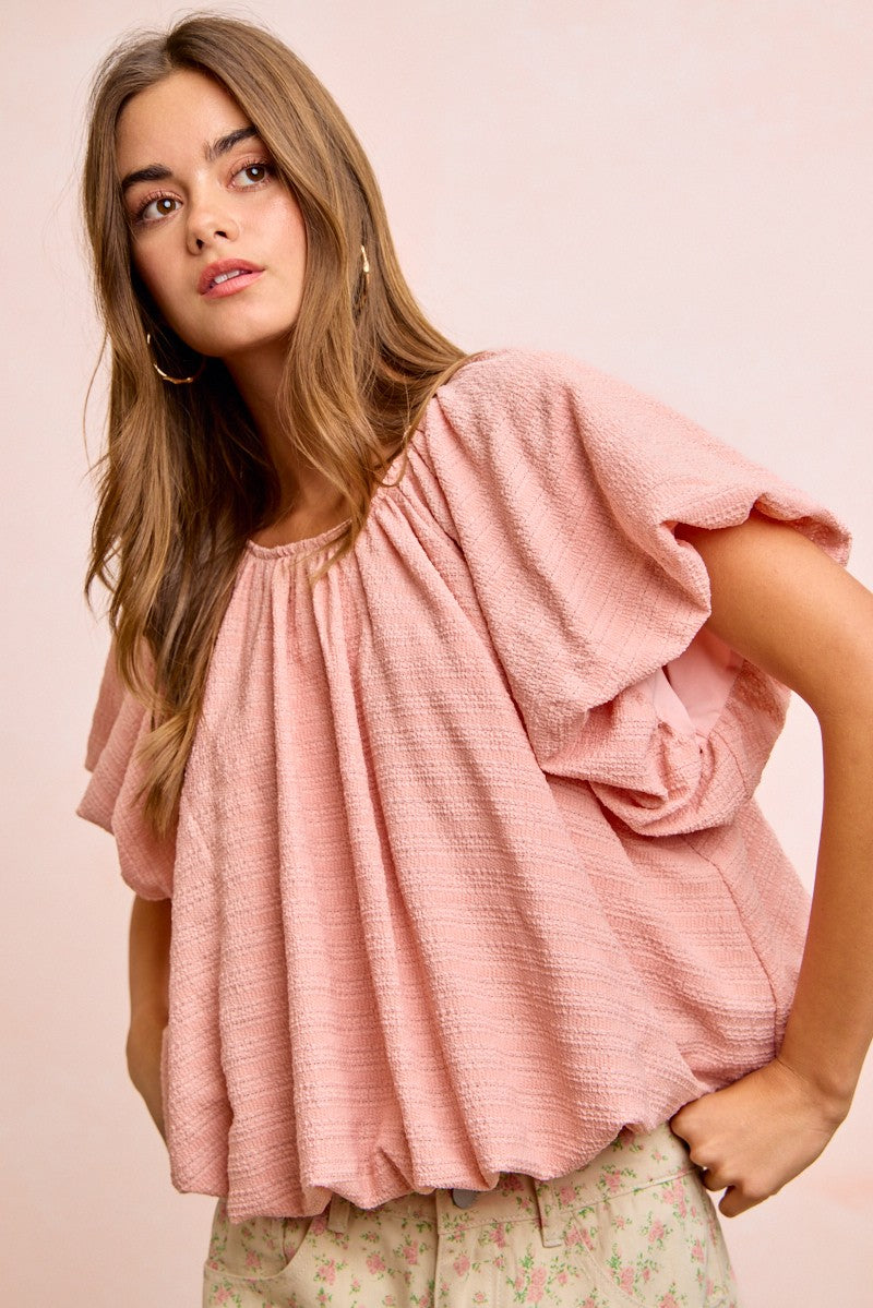 BiBi Stripes soft pink textured cotton blouse with ruffled sleeves