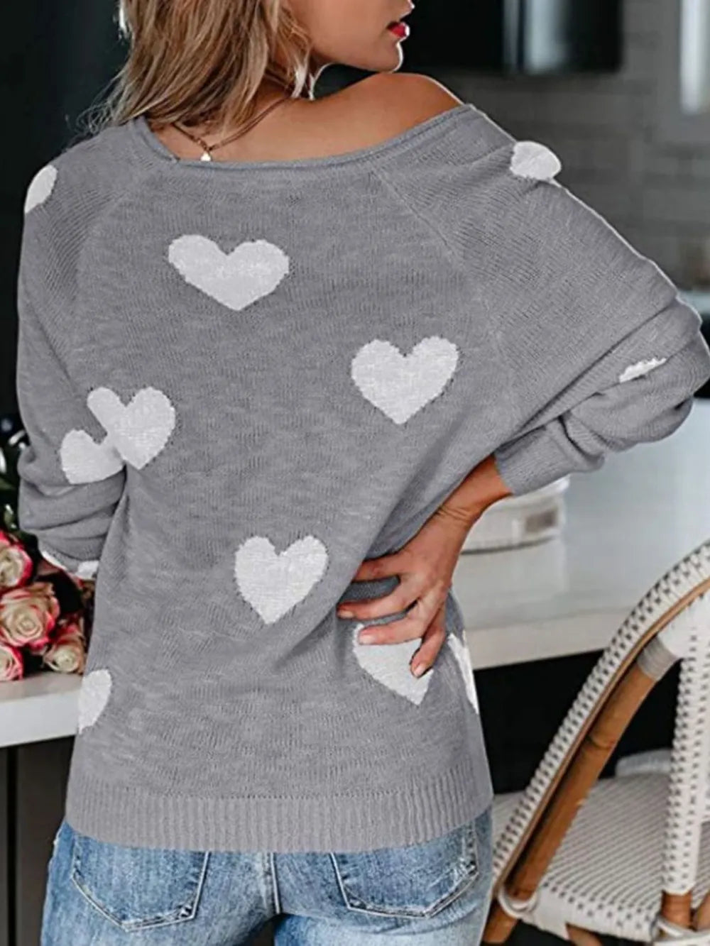 Gray off-the-shoulder heart pattern knit sweater