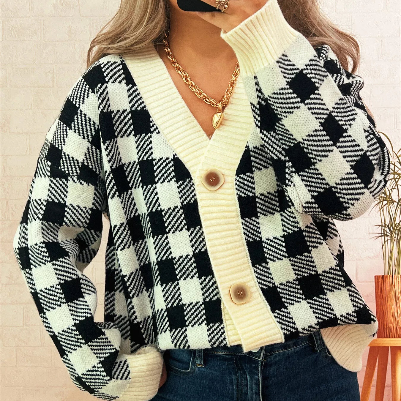 Gray white One Size Plaid Button-Down Cardigan | Cardigans Daverri Fashions
