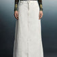 White high-waisted Raw Hem Maxi Denim Skirt with button closure