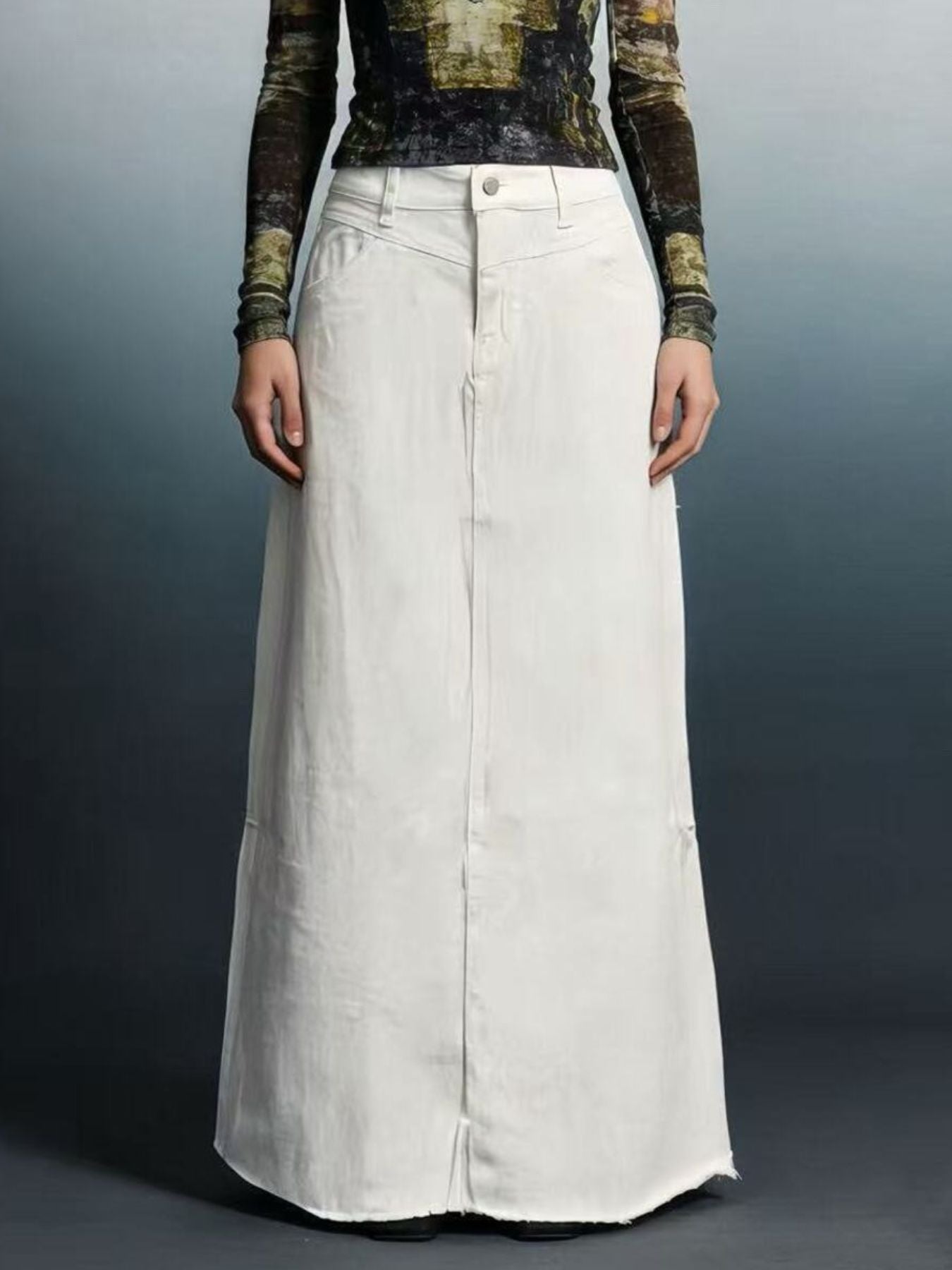 White high-waisted Raw Hem Maxi Denim Skirt with button closure