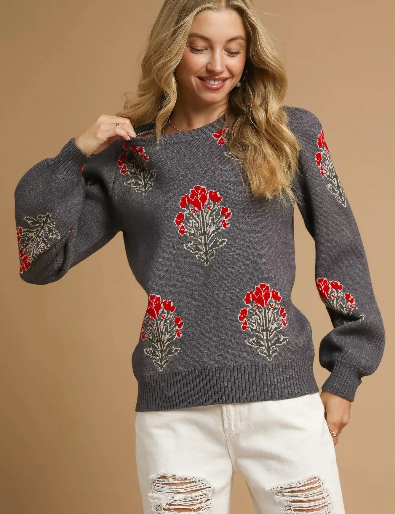 CHARCOAL Umgee Single Flower Stem Jacquard Sweater | Sweaters Daverri Fashions