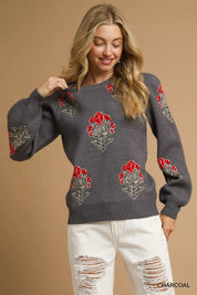 CHARCOAL Umgee Single Flower Stem Jacquard Sweater | Sweaters Daverri Fashions