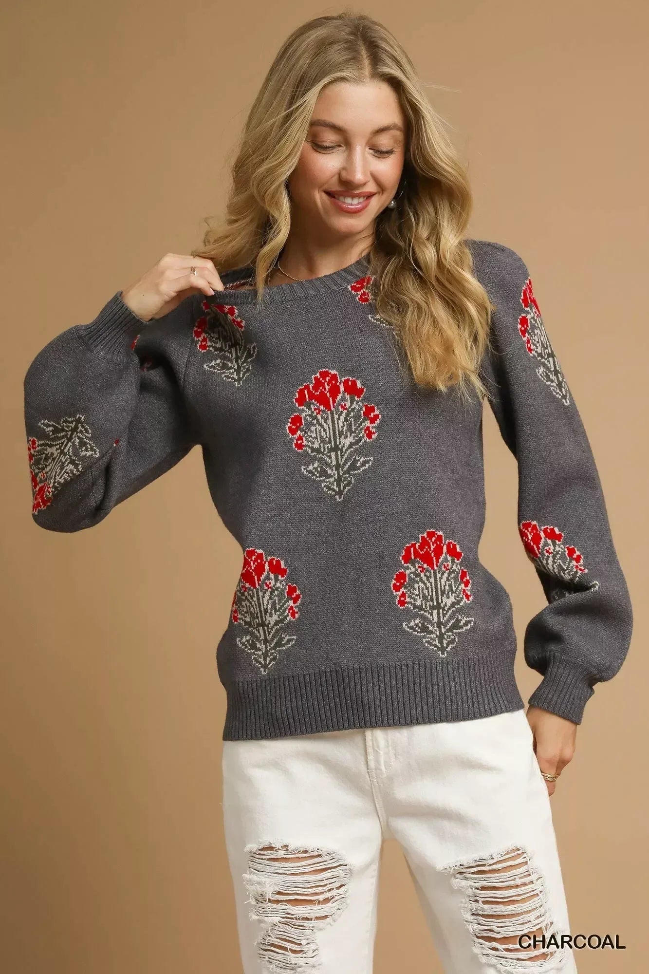 Umgee Single Flower Stem Jacquard Sweater - DAVERRI FASHIONS