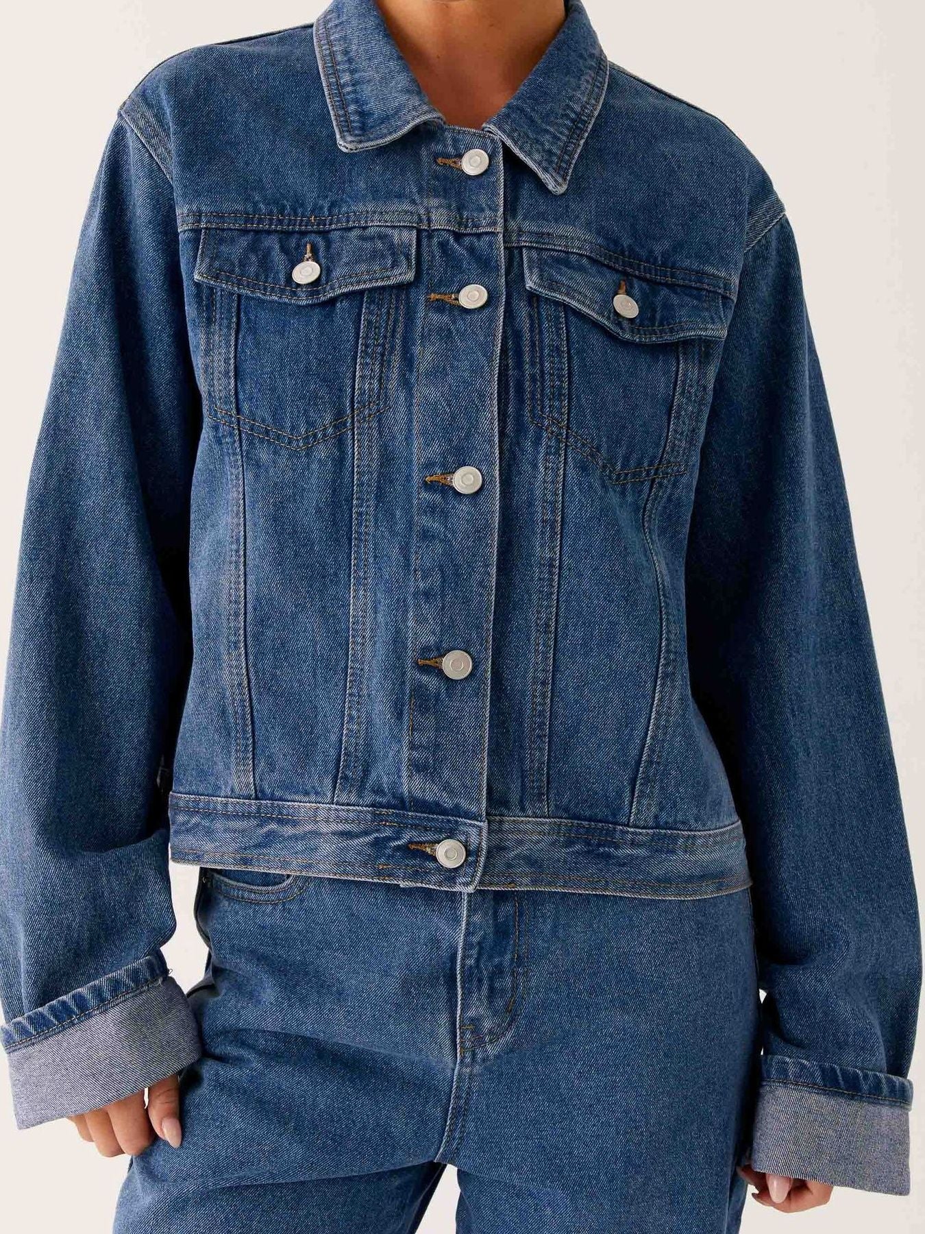 Daverri cropped oversized denim jacket with silver buttons and rolled cuffs