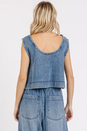 Mittoshop Washed Denim Distressed Detail Crop Tank