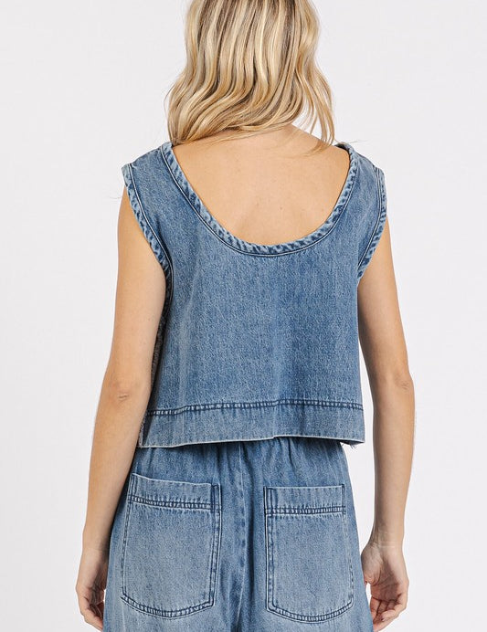 Mittoshop Washed Denim Distressed Detail Crop Tank