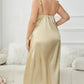 Plus size tie-shoulder midi night dress in flowing gold satin with spaghetti straps