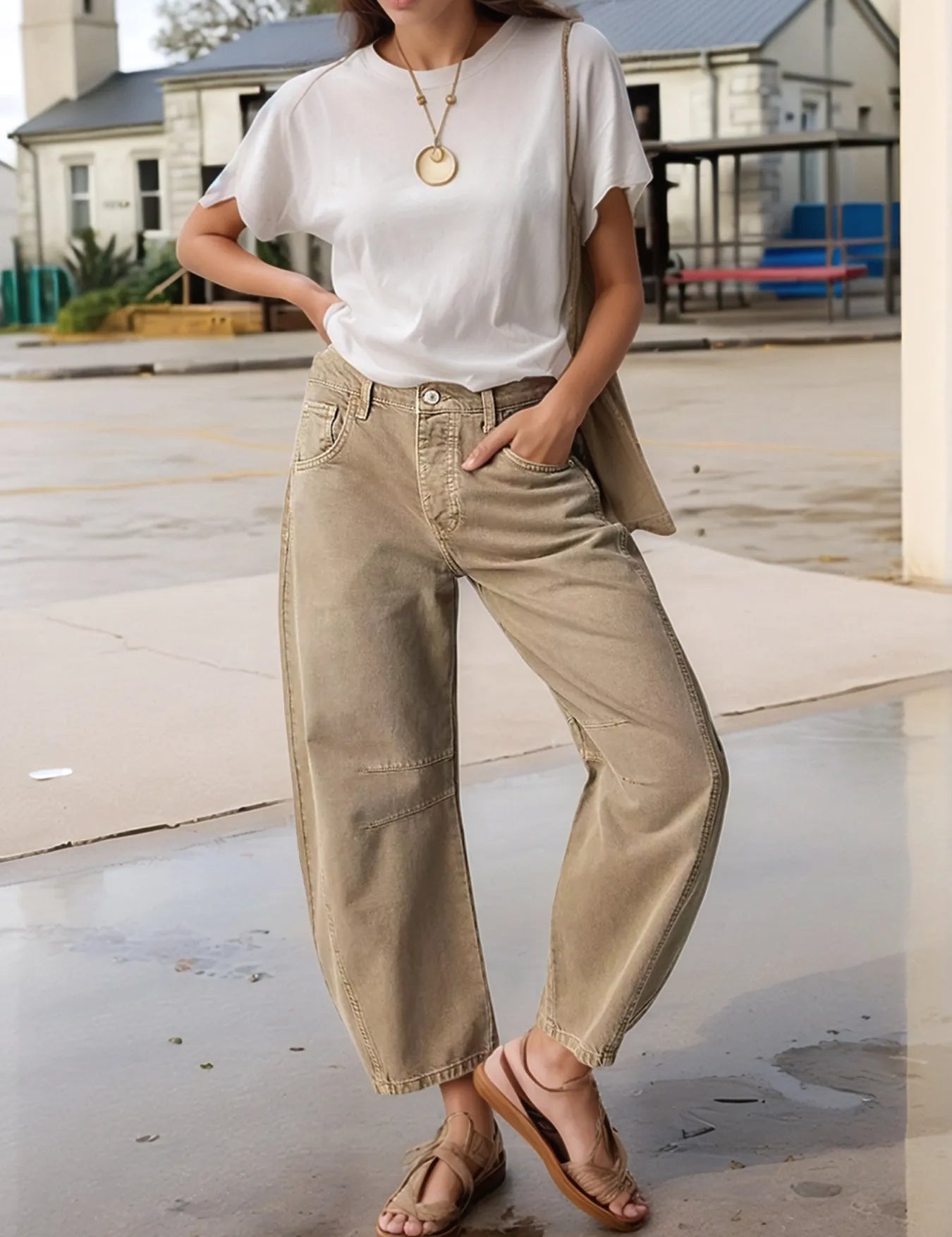 Dark Khaki Wide Leg Relaxed Fit Barrel Jeans | Jeans Daverri Fashions