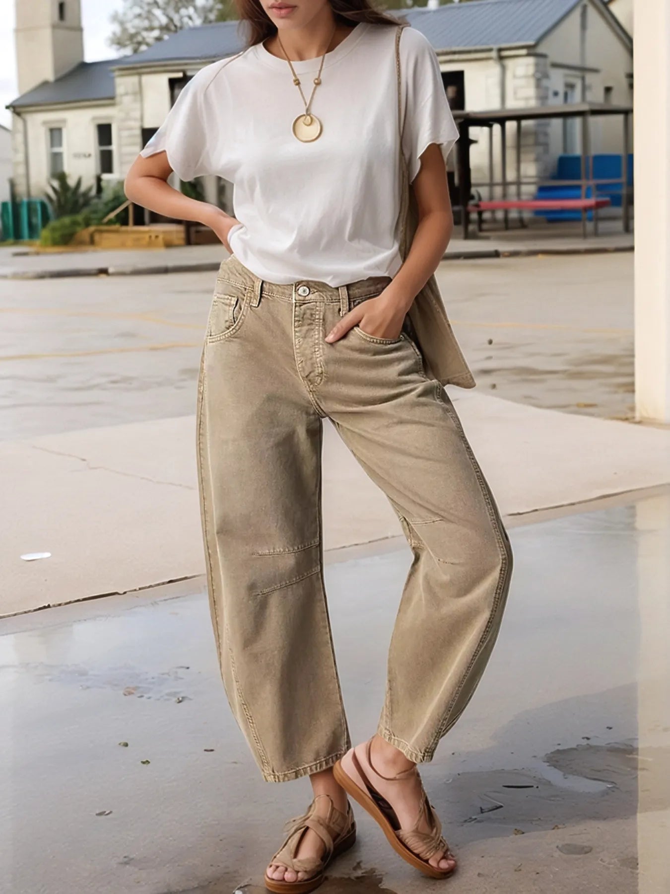 Dark Khaki Wide Leg Relaxed Fit Barrel Jeans | Jeans Daverri Fashions