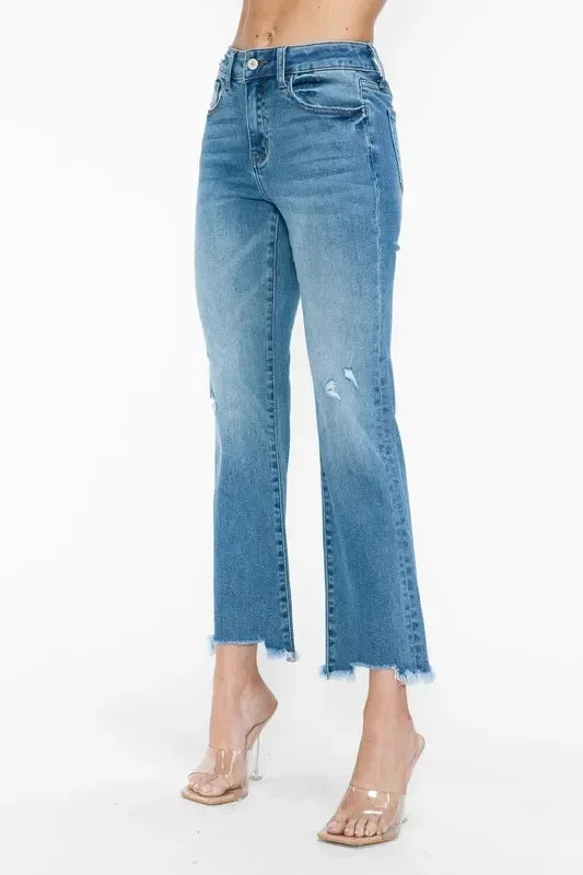 bytos Raw Hem Distressed Mid Rise Crop Jeans - DAVERRI FASHIONS