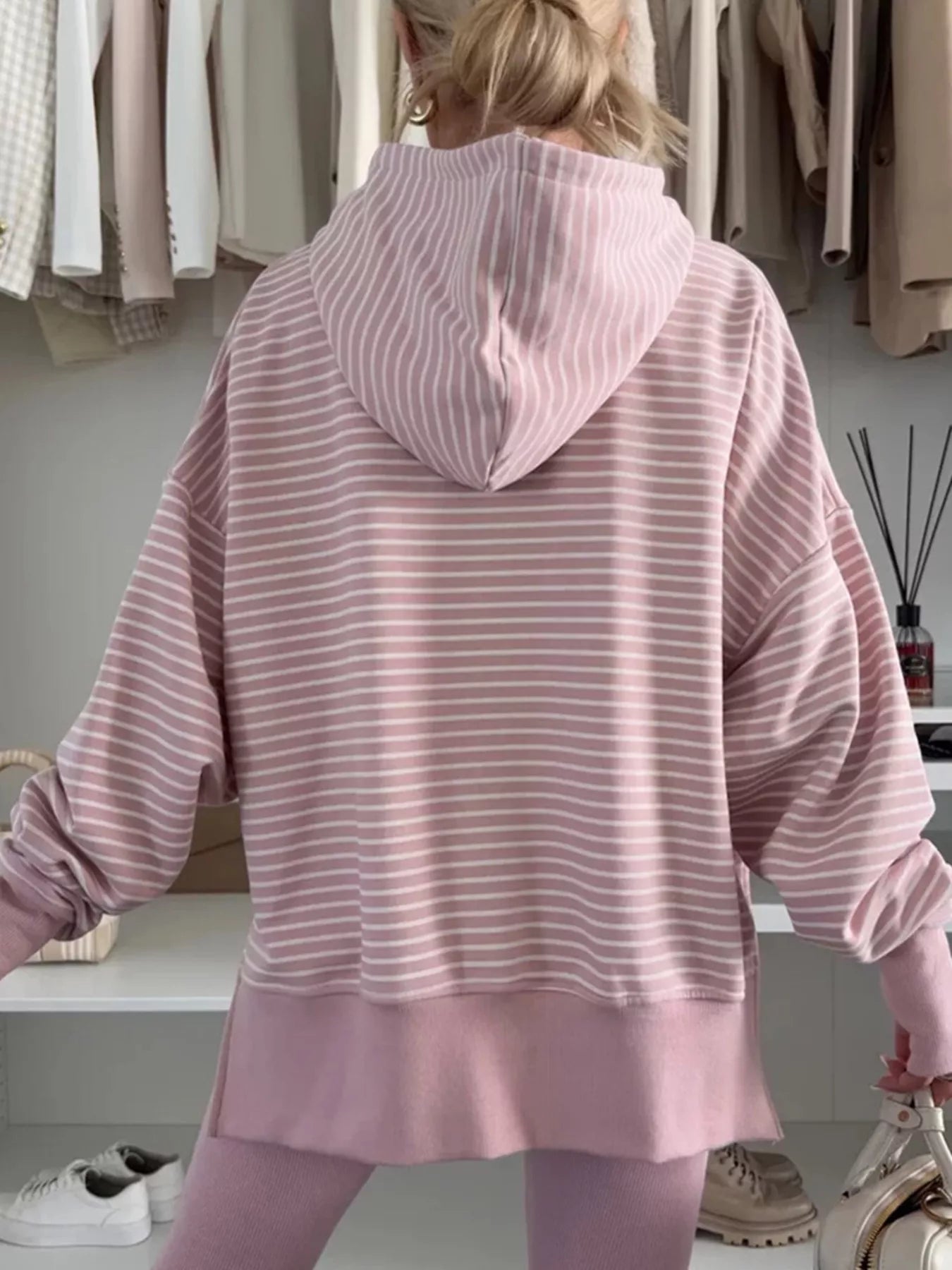 Dusty pink striped thumbhole hoodie with side slits and drop shoulders