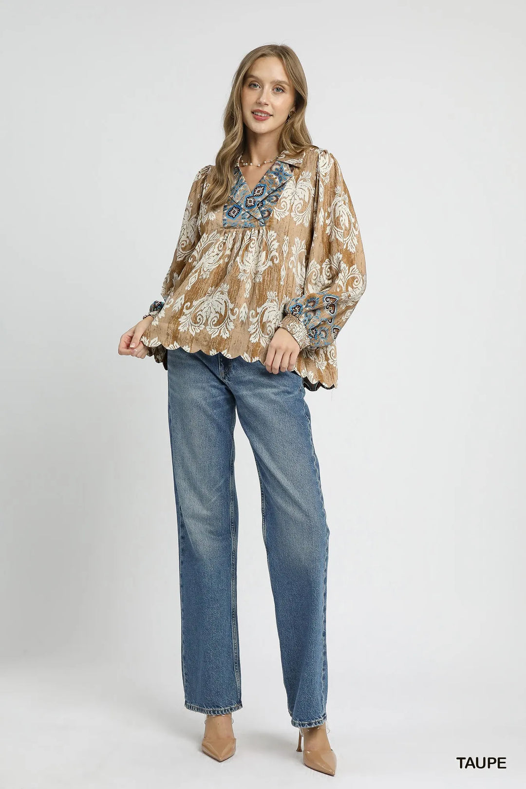 Umgee Floral Boho Blouse with Scalloped Hem