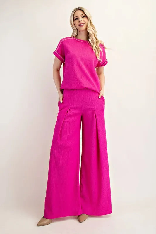 Celeste Textured Wide-Leg Pants with Pockets Pants