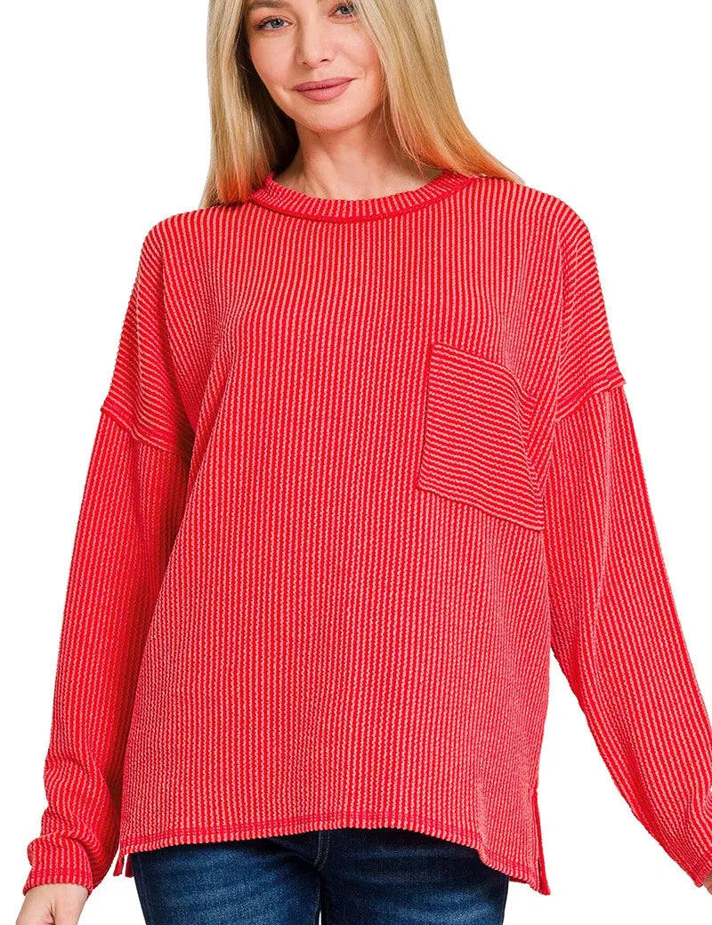 Zenana Long Sleeve Drop Shoulder Rib Top | Tops Daverri Fashions