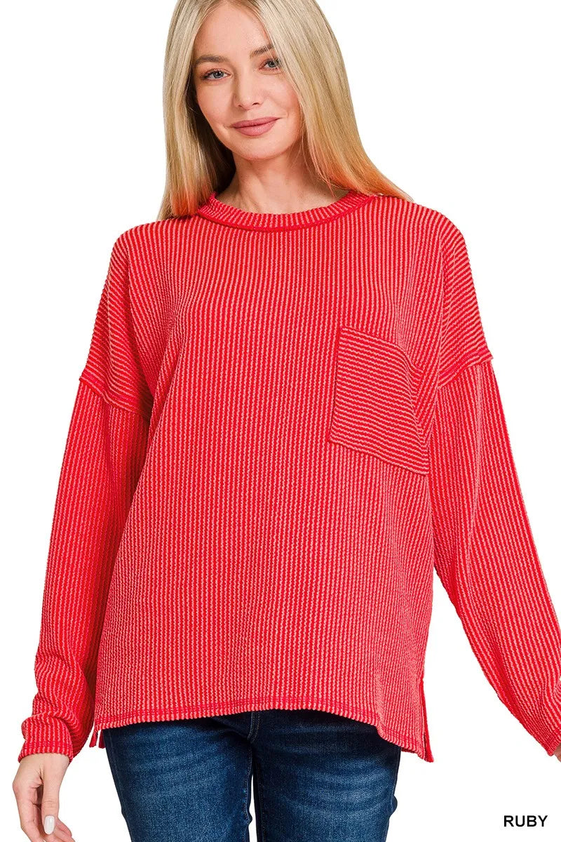 Zenana Long Sleeve Drop Shoulder Rib Top