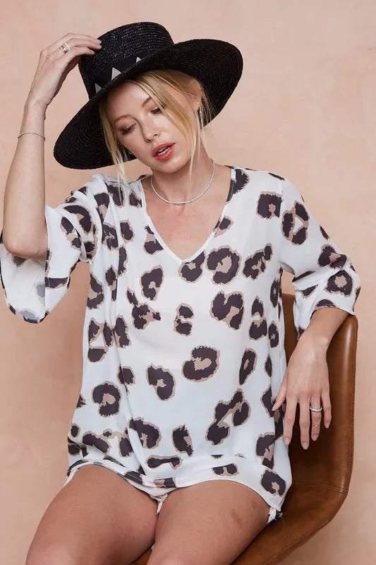 BiBi Leopard Printed V Neck Woven Top with Ruffled | Blouses Daverri Fashions