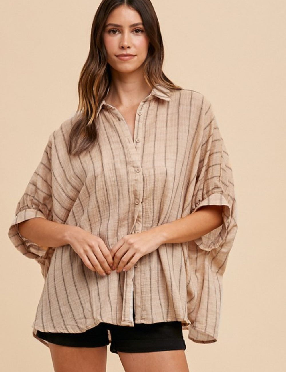 Annie Wear Striped Button Up Half Sleeve Shirt Latte Tops