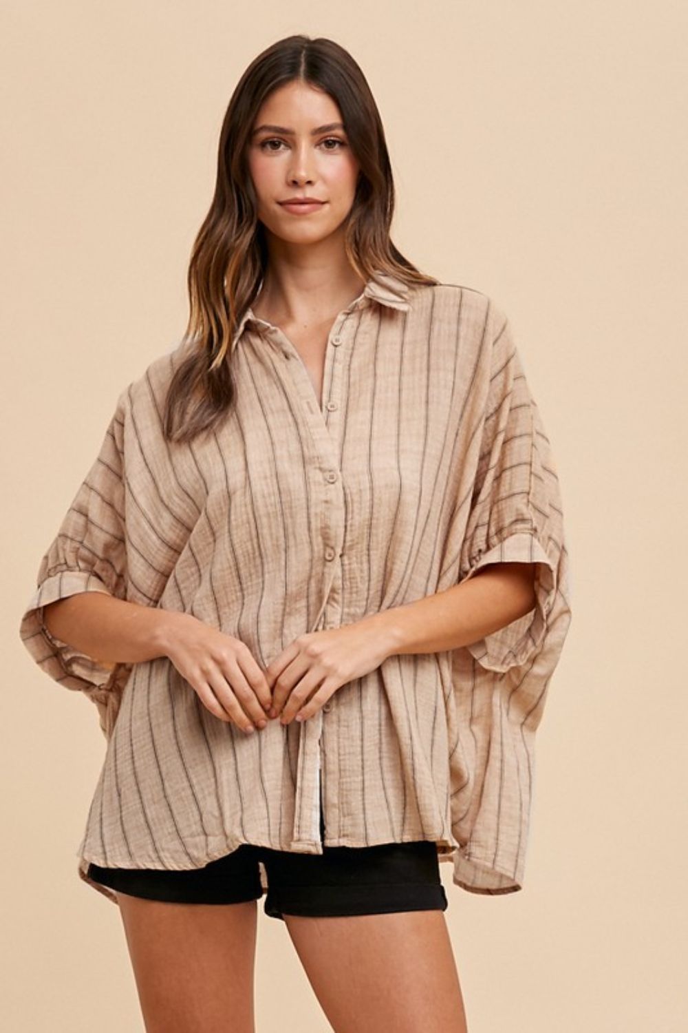 Annie Wear Striped Button Up Half Sleeve Shirt Latte Tops