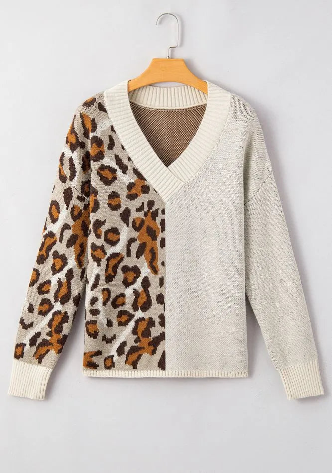 Leopard V Neck Drop Shoulder Sweater | Sweaters Daverri Fashions