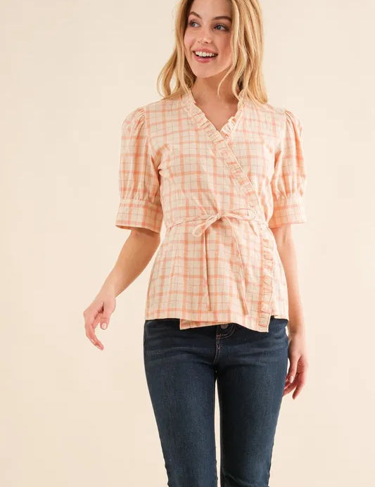 SALMON And The Why Plaid Patterned and Ruffled Wrap Blouse Top | Daverri Fashions