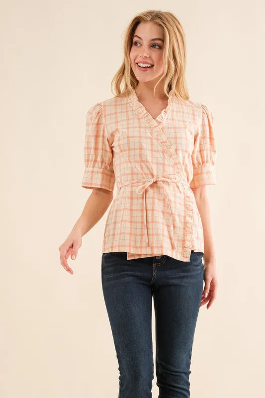 SALMON And The Why Plaid Patterned and Ruffled Wrap Blouse Top | Daverri Fashions