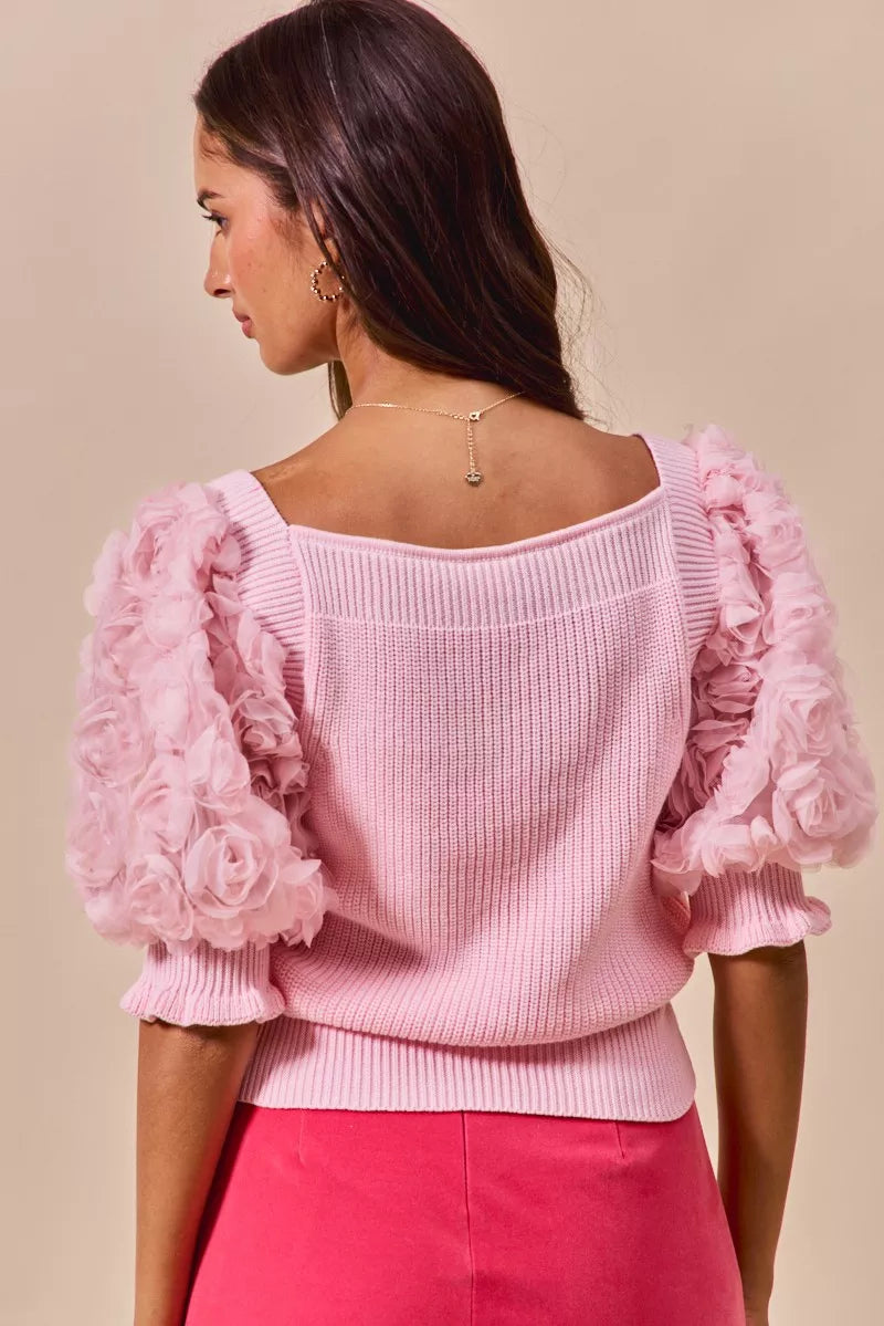 Soft pink ribbed knit SO ME Rosette Sleeves sweater with ruffled rose applique sleeves