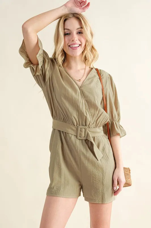 And The Why Flounce Sleeves Romper with Belt Rompers