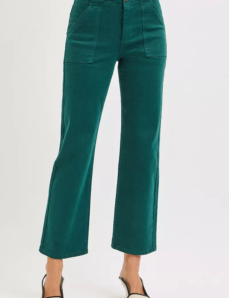 HUNTER GREEN RISEN High Rise Ankle Flare Patch Pocket Jeans | Daverri Fashions